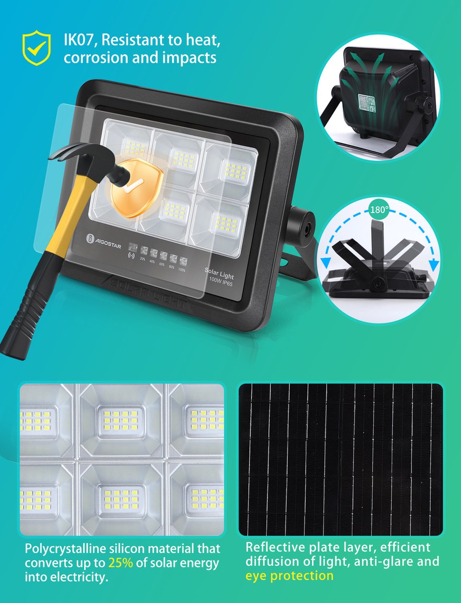 Aigostar 10Q4G - Solar Wandlamp - Dag Nacht Sensor - IP65 - Afstandsbediening - Buitenlamp Zonne Energie - 72 LEDS – LED Schijnwerper - 6500K - 100W - Zwart