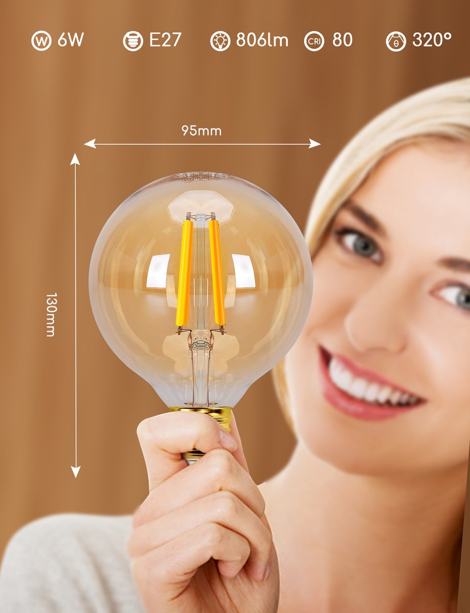 Aigostar LED Filament lamp - Dimbaar - 6W - E27 - 4 Stuks