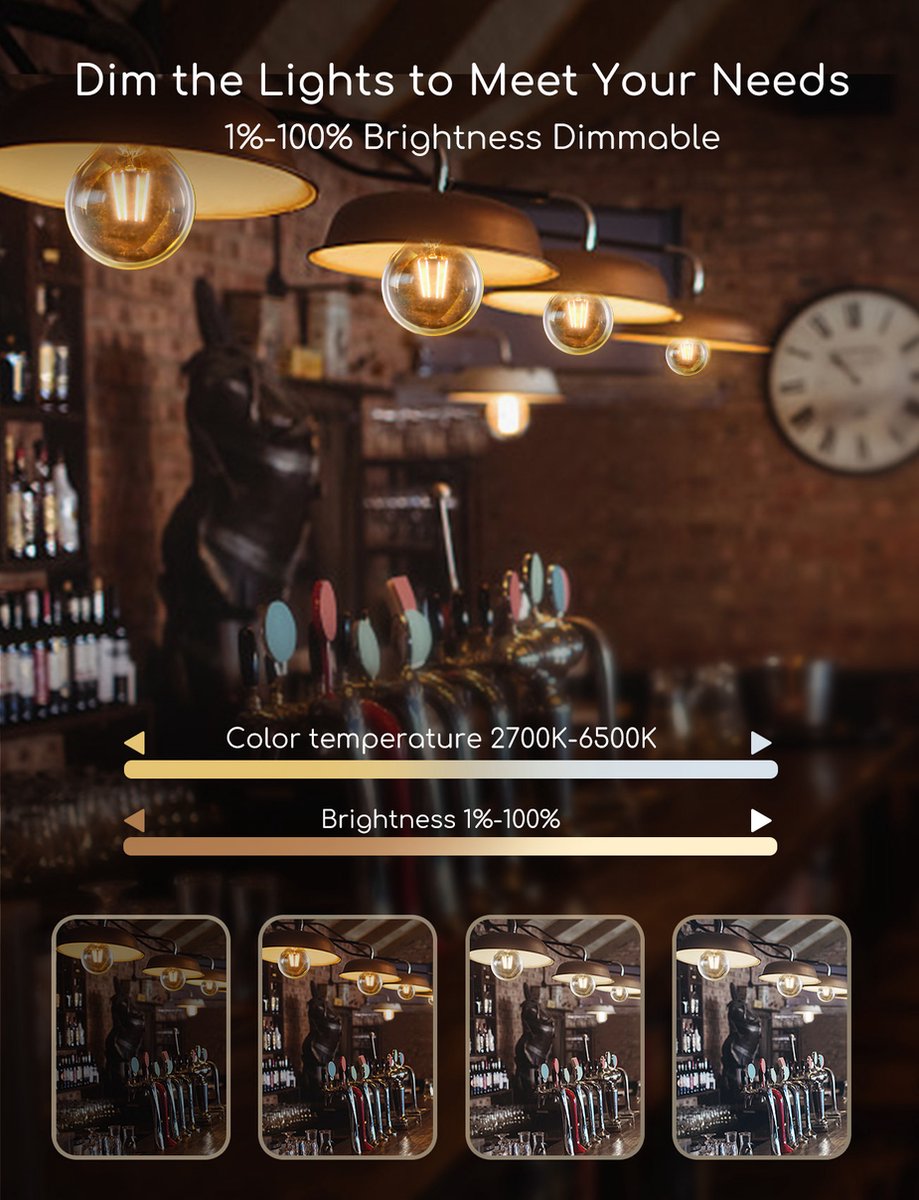 Aigostar 10YHY - LED Lampen E27 Dimbaar - Smart Filament Licht - Vintage Filament Lamp in Bolvorm - WiFi - Bluetooth - Appbesturing - 6W - 2700K-6500K