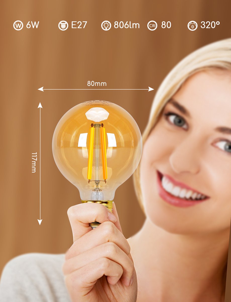 Aigostar 10YHY - LED Lampen E27 Dimbaar - Smart Filament Licht - Vintage Filament Lamp in Bolvorm - WiFi - Bluetooth - Appbesturing - 6W - 2700K-6500K