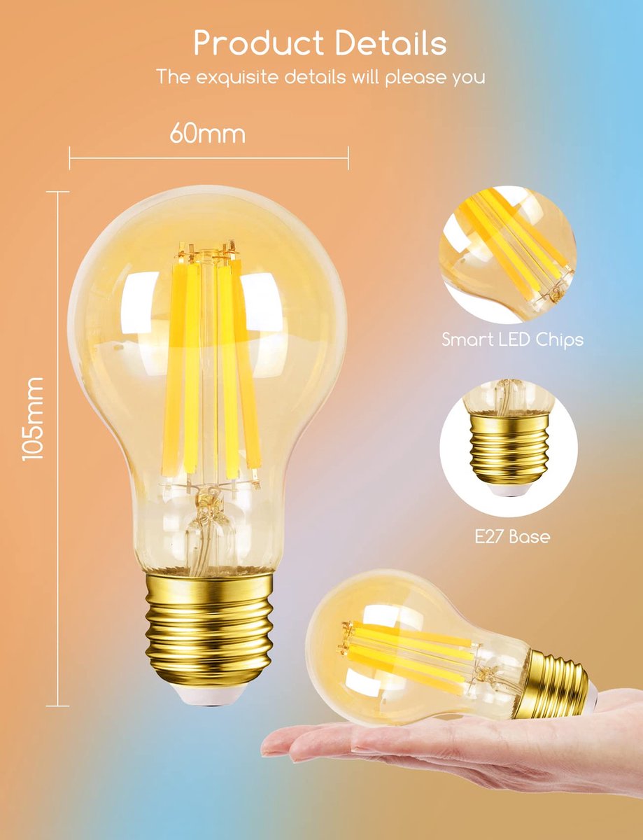 Aigostar LED Filament lamp - Dimbaar - 6W - E27 - 6 Stuks