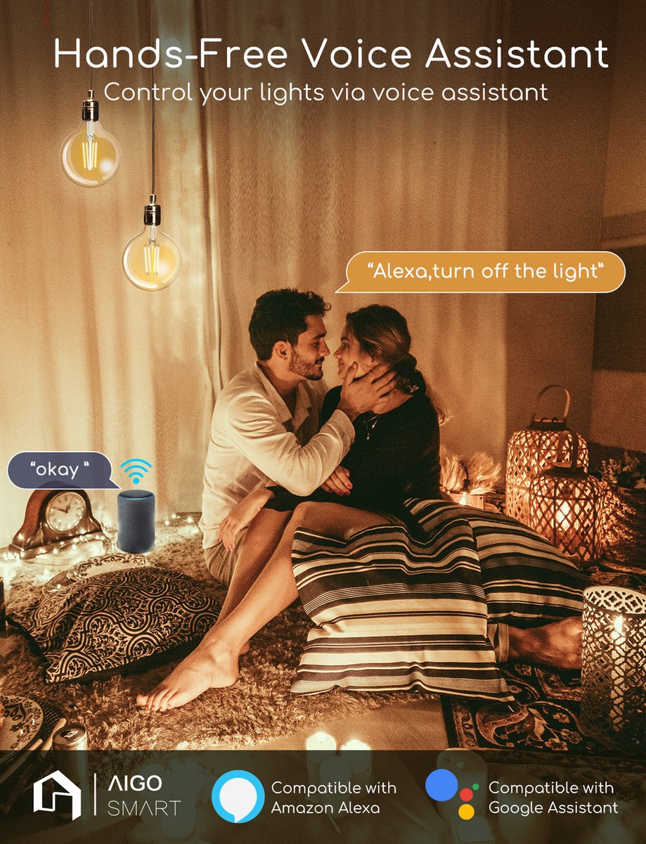 Aigostar 10YHY - LED Lampen E27 Dimbaar - Smart Filament Licht - Vintage Filament Lamp in Bolvorm - WiFi - Bluetooth - Appbesturing - 6W - 2700K-6500K
