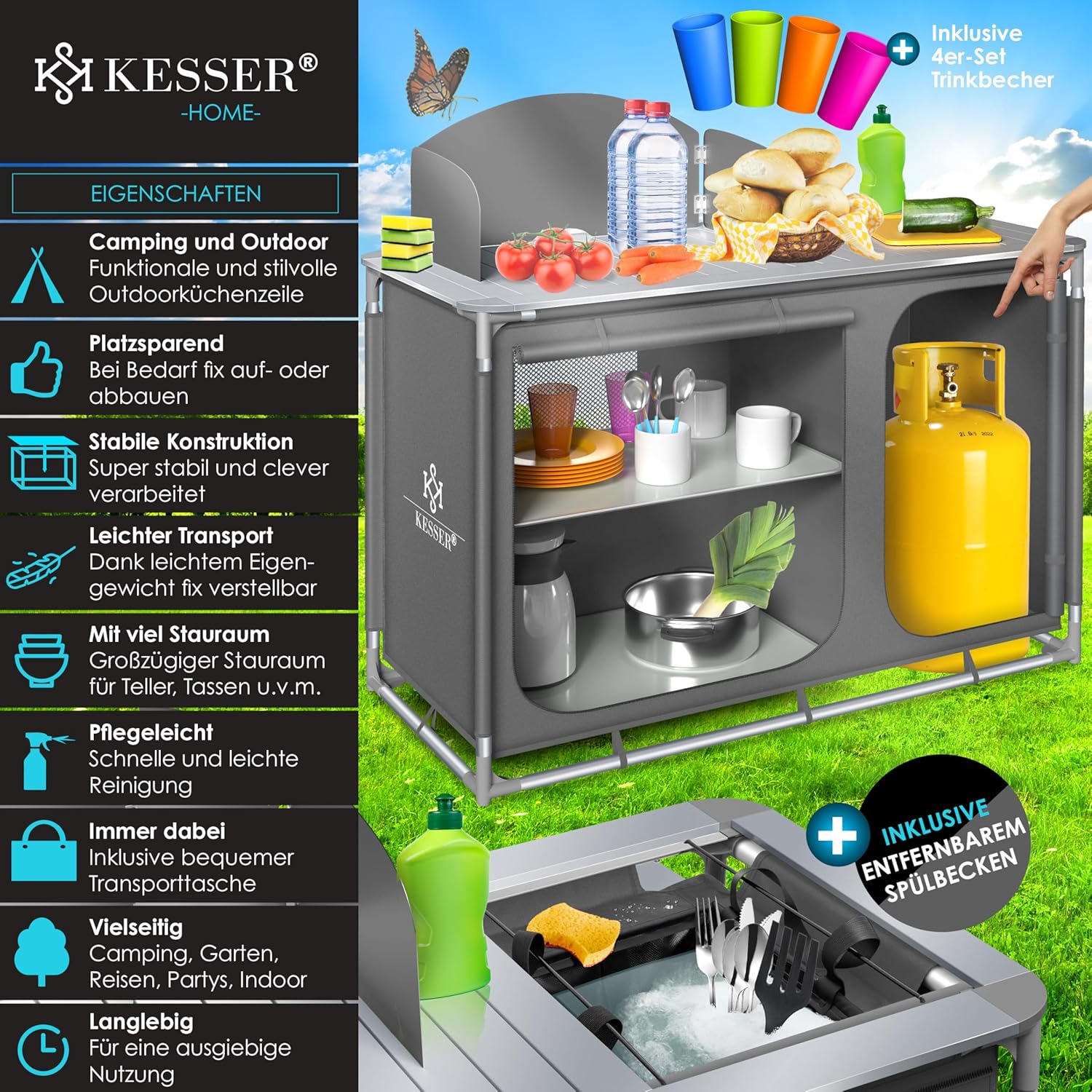 KESSER® Campingkeuken, incl. draagtas en bekerset, campingkast, vouwkast, met aluminium frame, reiskeuken, keukenbox, tentkast, outdoor camping keuken, grijs, type F4