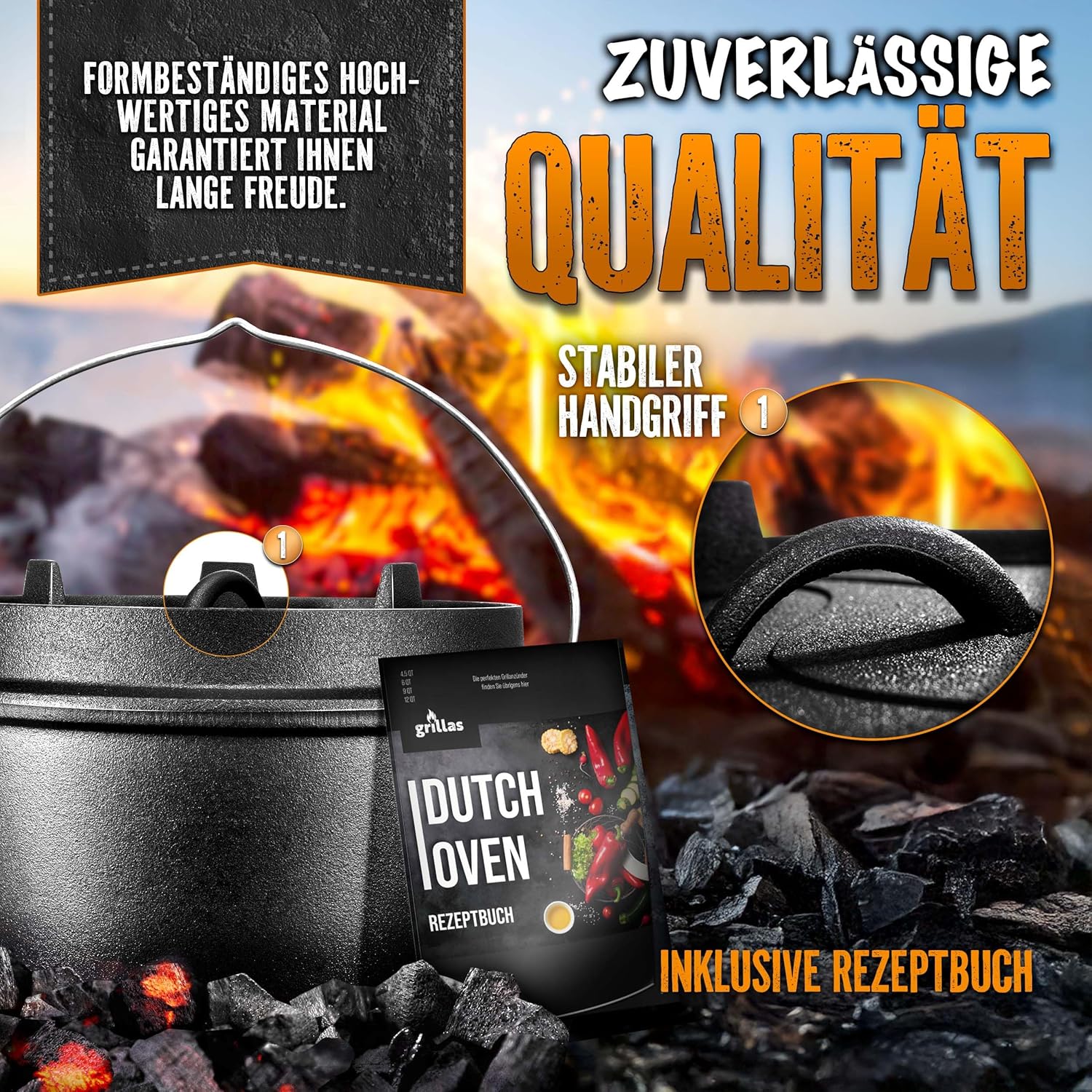 Grillas® Dutch Oven Set - 9L - Vuurpan - Stoofpan - Gietijzeren pan