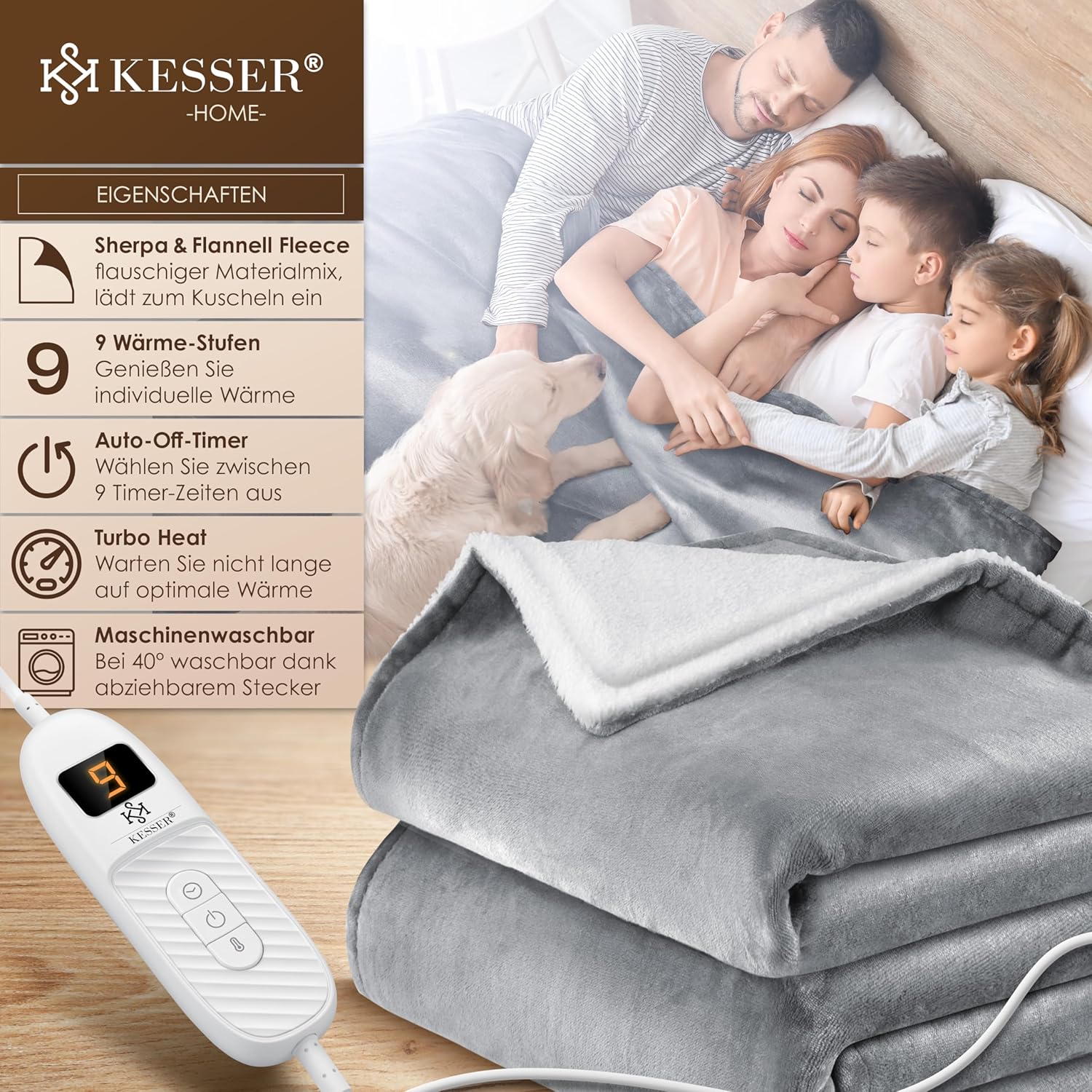 KESSER® Elektrische deken met automatische uitschakeling, 180 x 130 cm, dubbelzijdig elektrische warmtedeken, knuffeldeken, bed, bank, 9 temperatuurniveaus, wasbaar tot 40 °C, met timer, digitaal