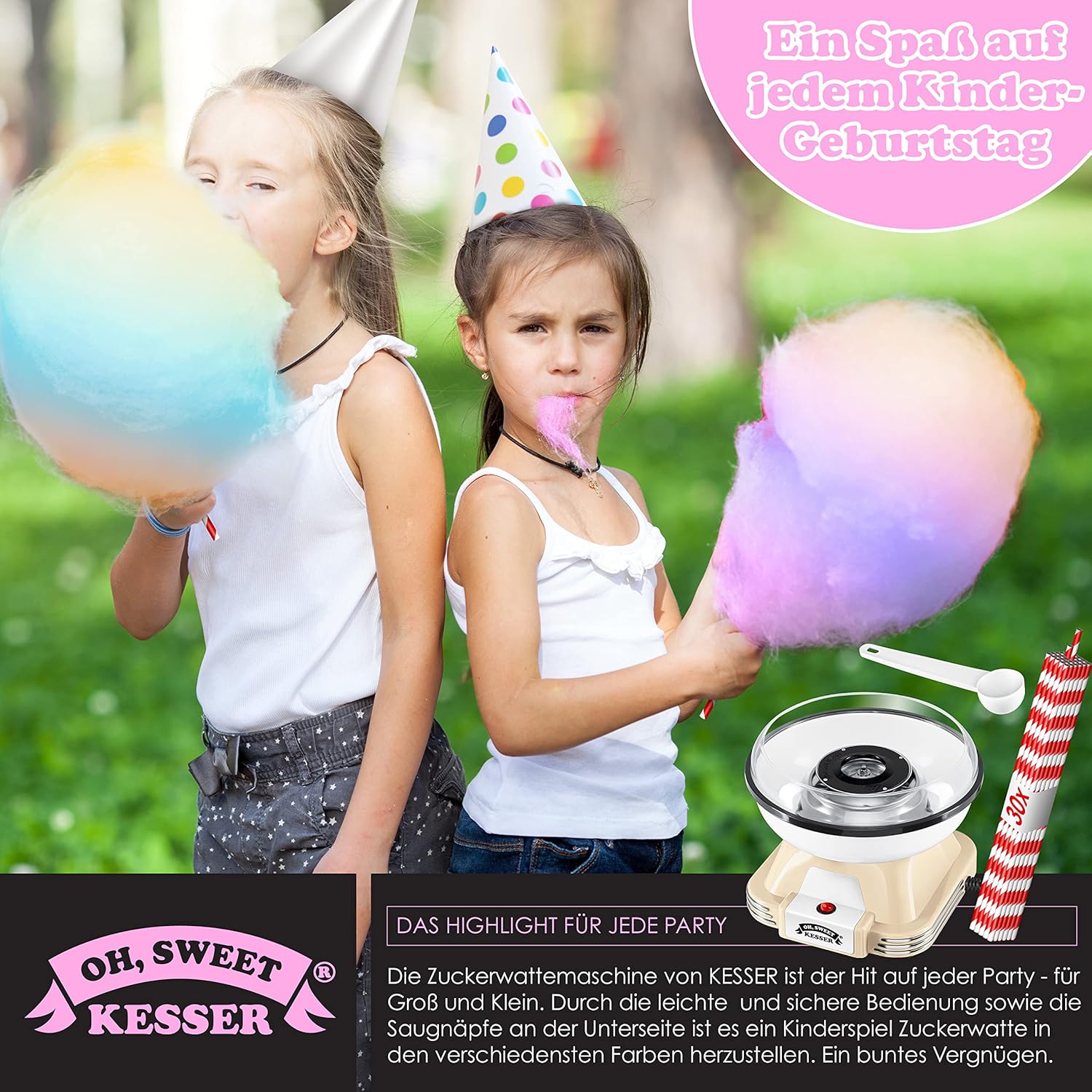 KESSER® Suikerspinmachine set voor je huis, met 30 x suikerspinstaafjes en maatlepels, retro katoenen snoepmachine, suikerspinmachine met accessoires, hoogte 22 cm, 500 W, crèmewit