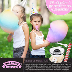 KESSER® Suikerspinmachine set voor je huis, met 30 x suikerspinstaafjes en maatlepels, retro katoenen snoepmachine, suikerspinmachine met accessoires, hoogte 22 cm, 500 W, crèmewit
