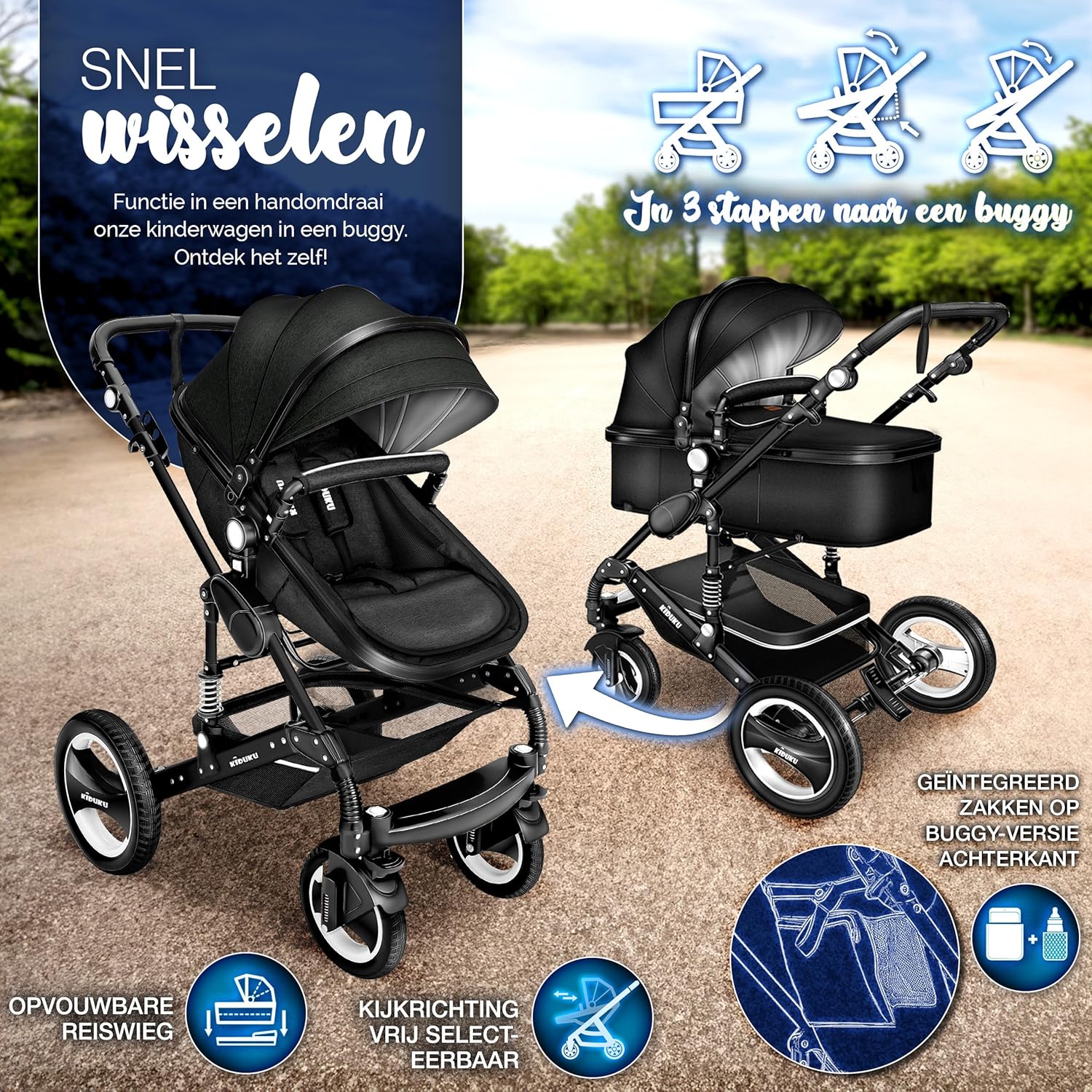 Kinderwagen 3 in 1 - Buggy - Wandelwagen - Kinderbuggy - Zwart - KIDUKU®