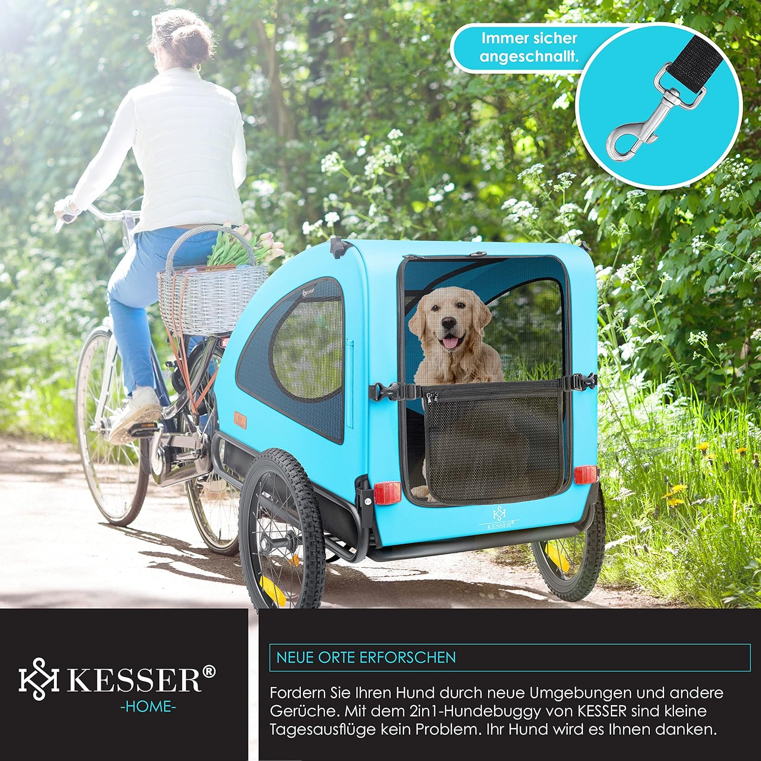 KESSER® Hundeanhänger Boxer 2-in-1 Hundebuggy Fahrradanhänger groß ca. 250L Volumen - Inkl. Fahne und Tasche - 600D Oxford Canvas, Klappbar SmartSpace Concept, max. 45kg