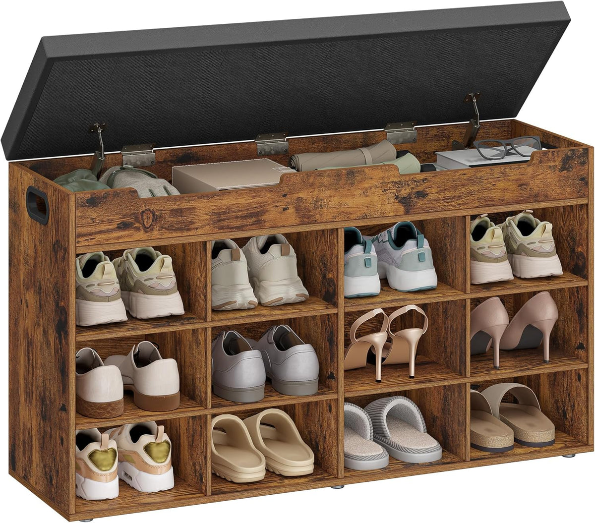 Hzuaneri Schoenenbank, schoenenrek met zitvlak, zitbank met opbergruimte, 12 vakken, uitneembare planken, geschikt voor woonkamer, hal, ingang, 30 x 100 x 55 cm, vintage bruin SB53501GY