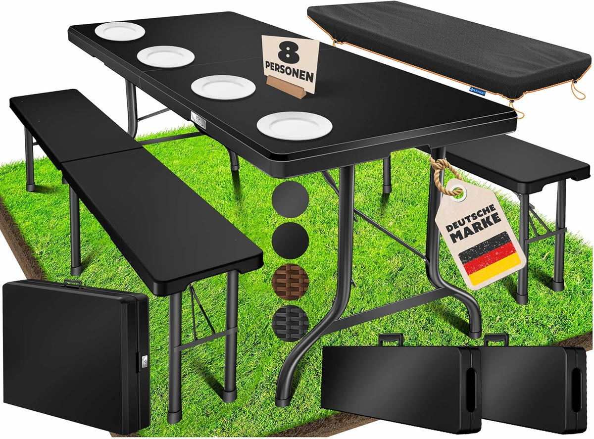 KESSER® Biertentgarnituur, 3-delige set, tafel en 2 x bank, buffettafel voor binnen en buiten, tuingarnituur, inklapbaar, 183 x 76 x 74 cm, kunststof klaptafel, rotanlook, tuintafel, inclusief