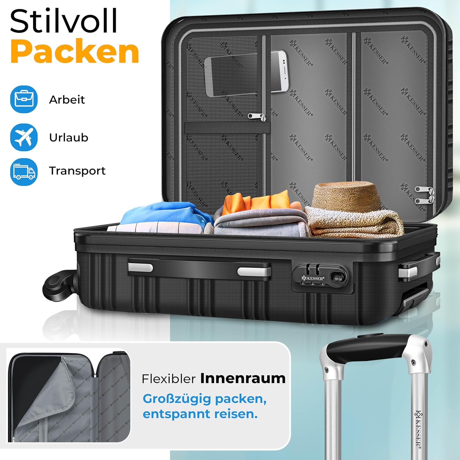 Kofferset - 3 delig - Trolley - Reiskofferset - Zwart - KESSER®