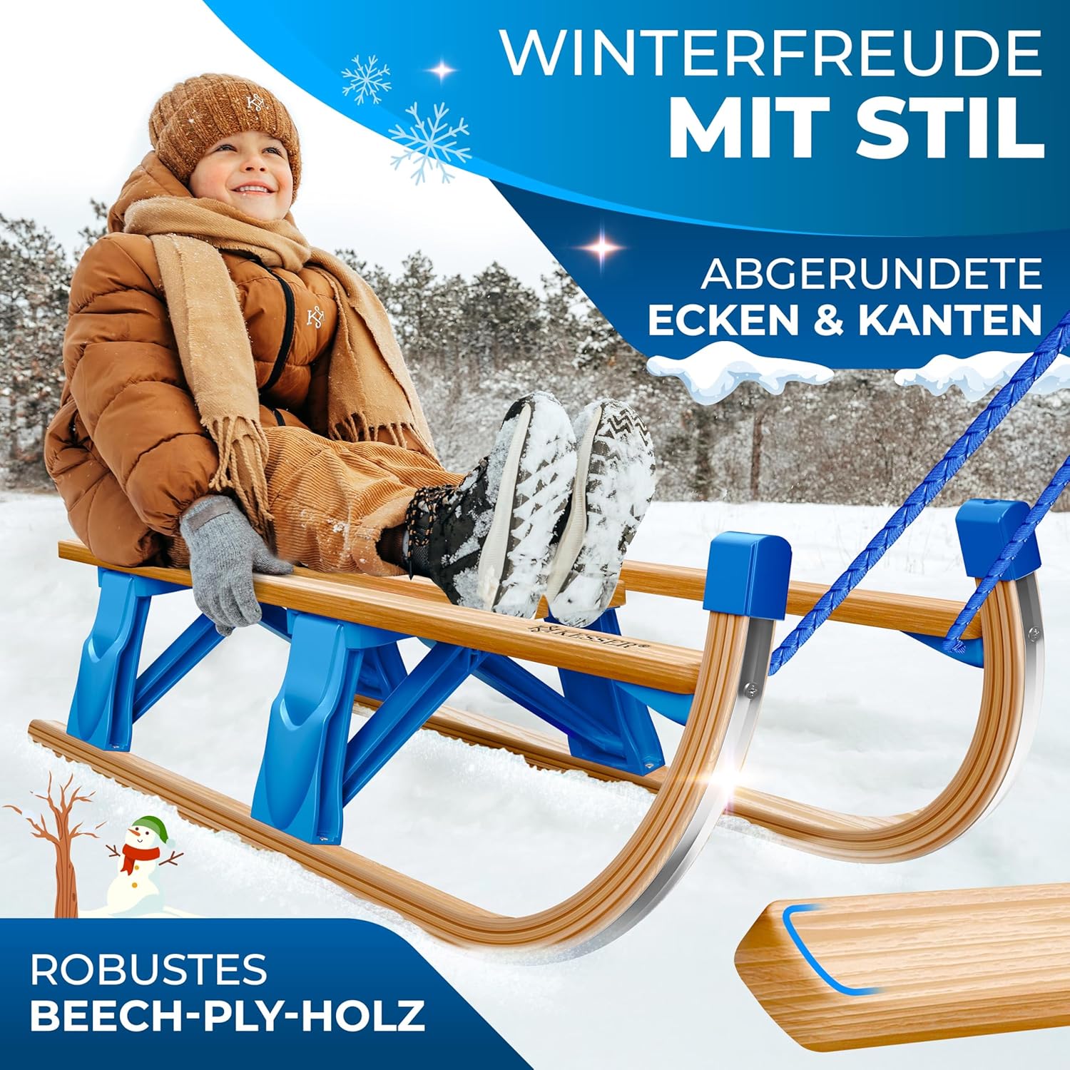 KESSER® Houten slee, premium kinderslee, opvouwbare kinderslee van beukenhout, incl. trekkoord, glijders, metalen glijders