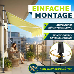 tillvex Klemluifel met handslinger, balkon, balkonluifel zonder boren, luifel uv-bestendig en in hoogte verstelbaar, zonwering voor terras en tuin, waterdicht (geel-wit, 200 cm)