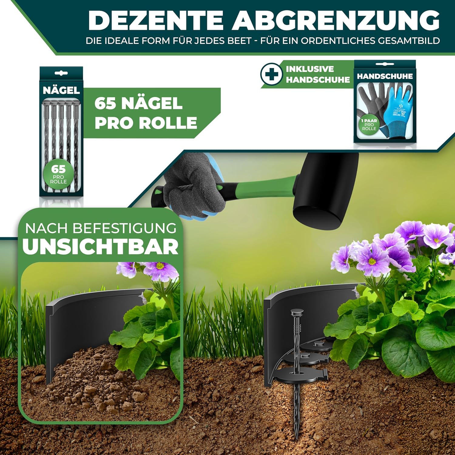 KESSER® Flexibele gazonrand van kunststof, lengte 10 m, hoogte 5 cm, met 65 grondankers + 1 paar handschoenen, borderrand, bloembegrenzing, maaikant, bestratingstenen, palissade - zwart