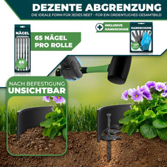 KESSER® Flexibele gazonrand van kunststof, lengte 10 m, hoogte 5 cm, met 65 grondankers + 1 paar handschoenen, borderrand, bloembegrenzing, maaikant, bestratingstenen, palissade - zwart