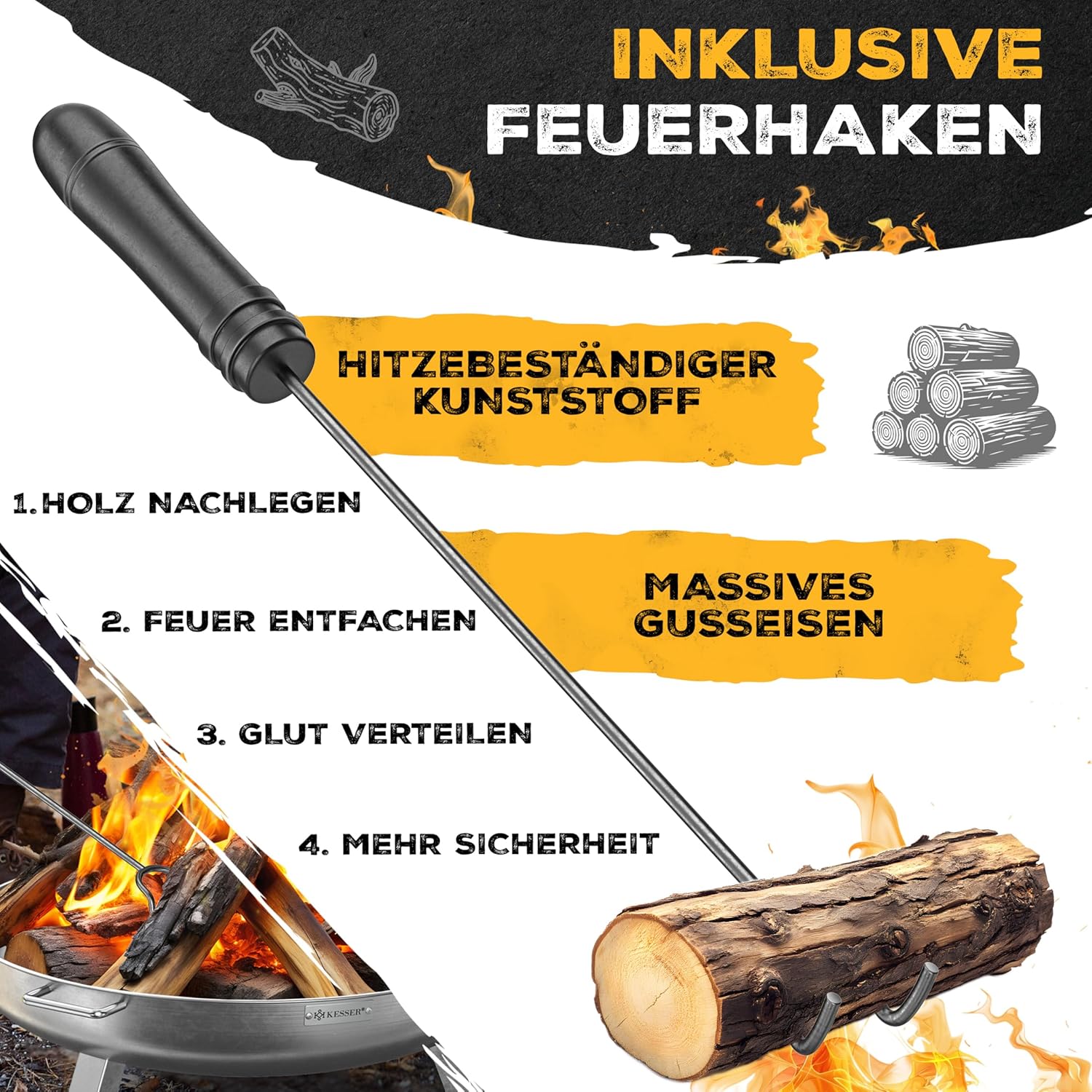 KESSER® Vuurschaal, 2,5 mm staaldikte, vuurkorf Ø 80 cm, roestvrij staal, vuurton + 42 cm vuurhaak, gietijzeren waterafvoer en 2 stabiele handgrepen, hout en kolen, haard voor kampvuur, tuin en terras