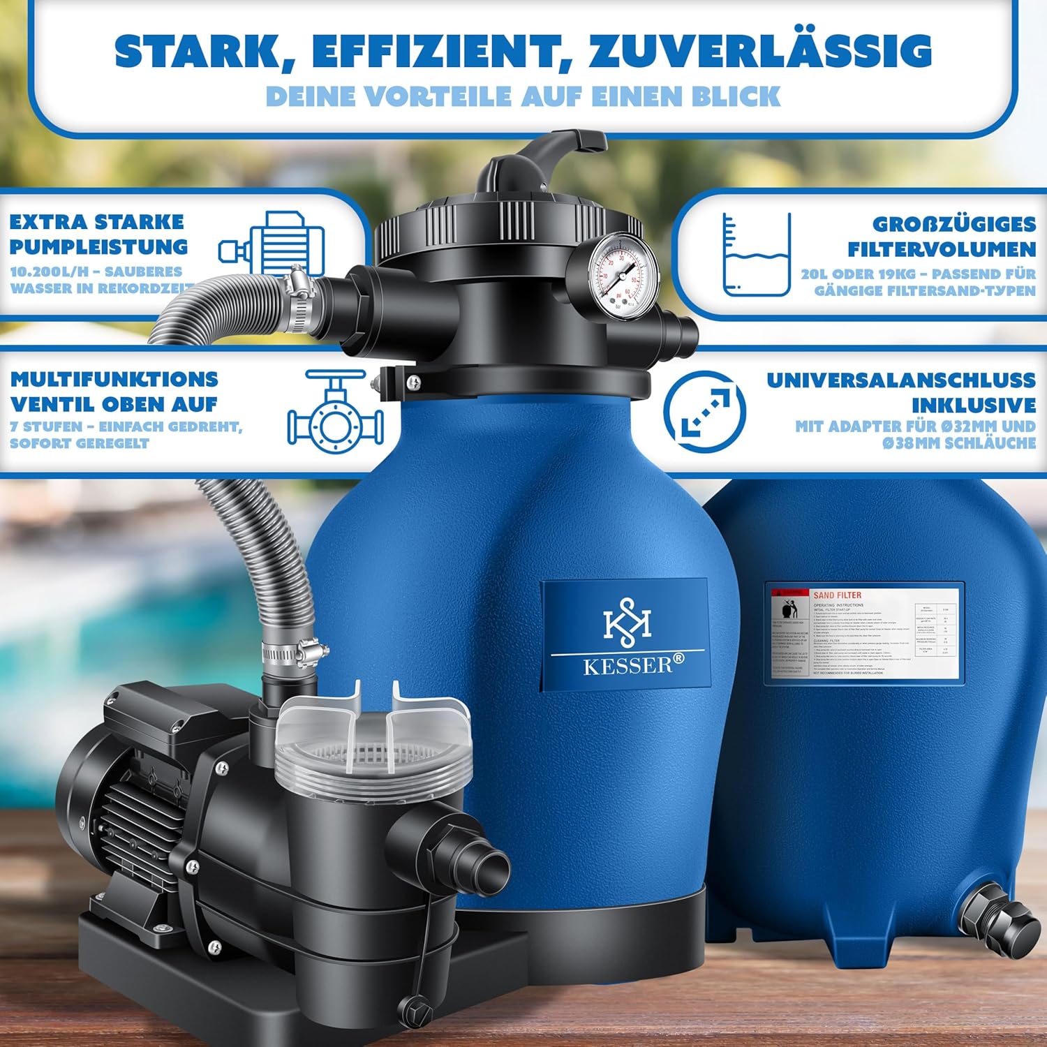 KESSER® Zandfilterinstallatie zandfilter + 700 g filterballen vervangen 25 kg filterzand 7-weg ventiel met drukweergave zwembadfilter 10 m³/h filterinstallatie filterketel voor zwembad 10.200 l/u