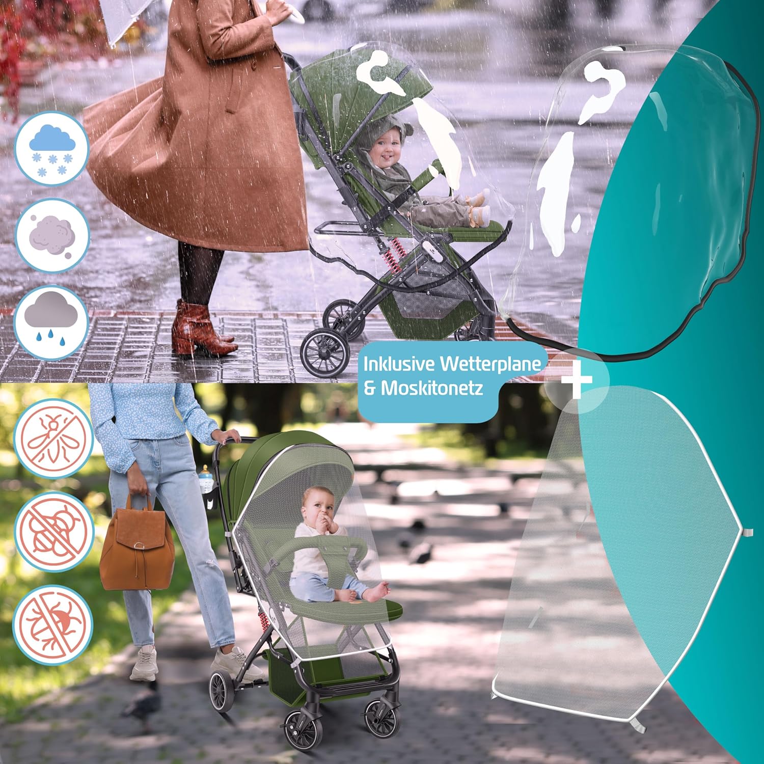 KIDIZ® Kinderwagen kinderbuggy opvouwbare ligbuggy sportwagen opvouwbaar 360° wielen 5-punts gordel incl. voetenzak, drankhouder, regenhoes & muggennet verstelbare rugleuning & zonnekap