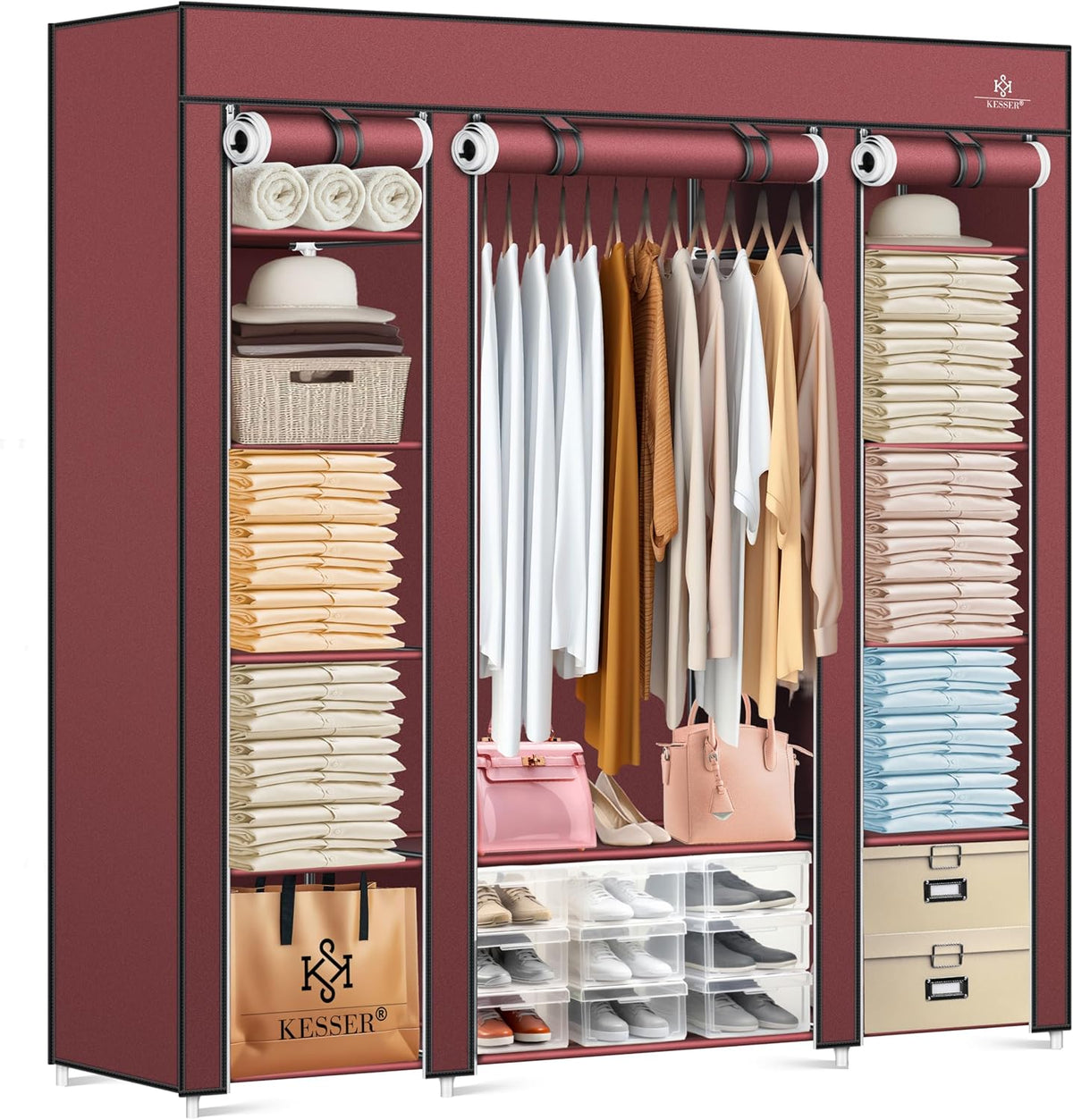 KESSER® Kledingkast stoffen kast stabiel met kledingstang en planken, incl. 5x kleerhangers, stoffen vouwkast voor slaapkamer, kleedkamer garderobe met kledingrek 150x45x175cm Bordeaux rood