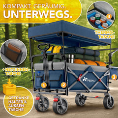 TRESKO® Opvouwbare bolderkar met dak, koelvak en zijrolluiken, handwagen, max. belastbaar tot 150 kg, transportwagen met massief rubberen banden, parkeerremmen (voor en achter) en 3-punts gordel •