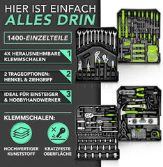 TRESKO Gereedschapskoffer, 1400-delig, gevulde gereedschapskist, professionele gereedschapstas, gereedschapsset, chroom-vanadium staal (groen)