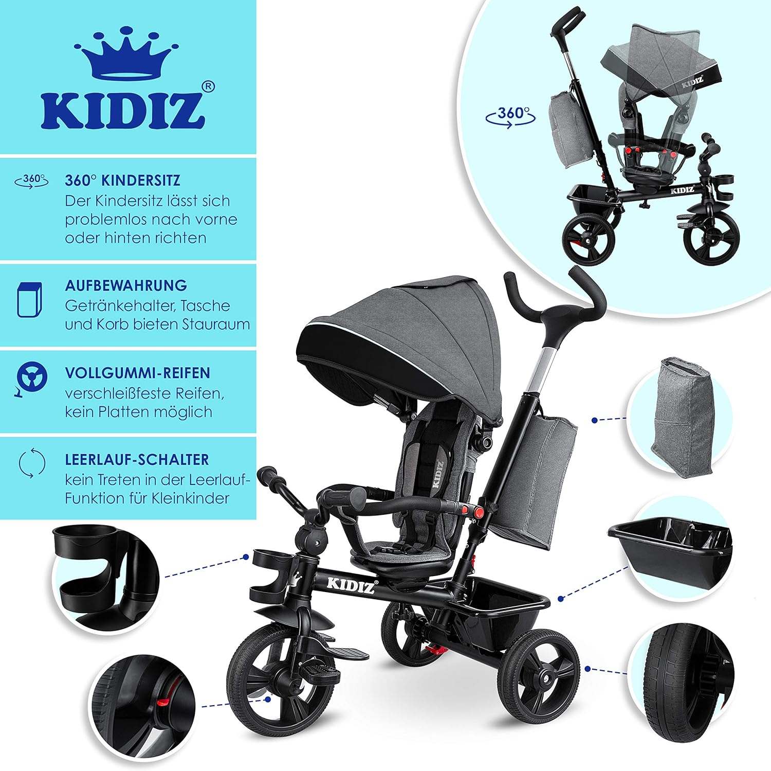 KIDIZ® 5in1 Kinderfiets - Loopfiets - Driewieler - Grijs •