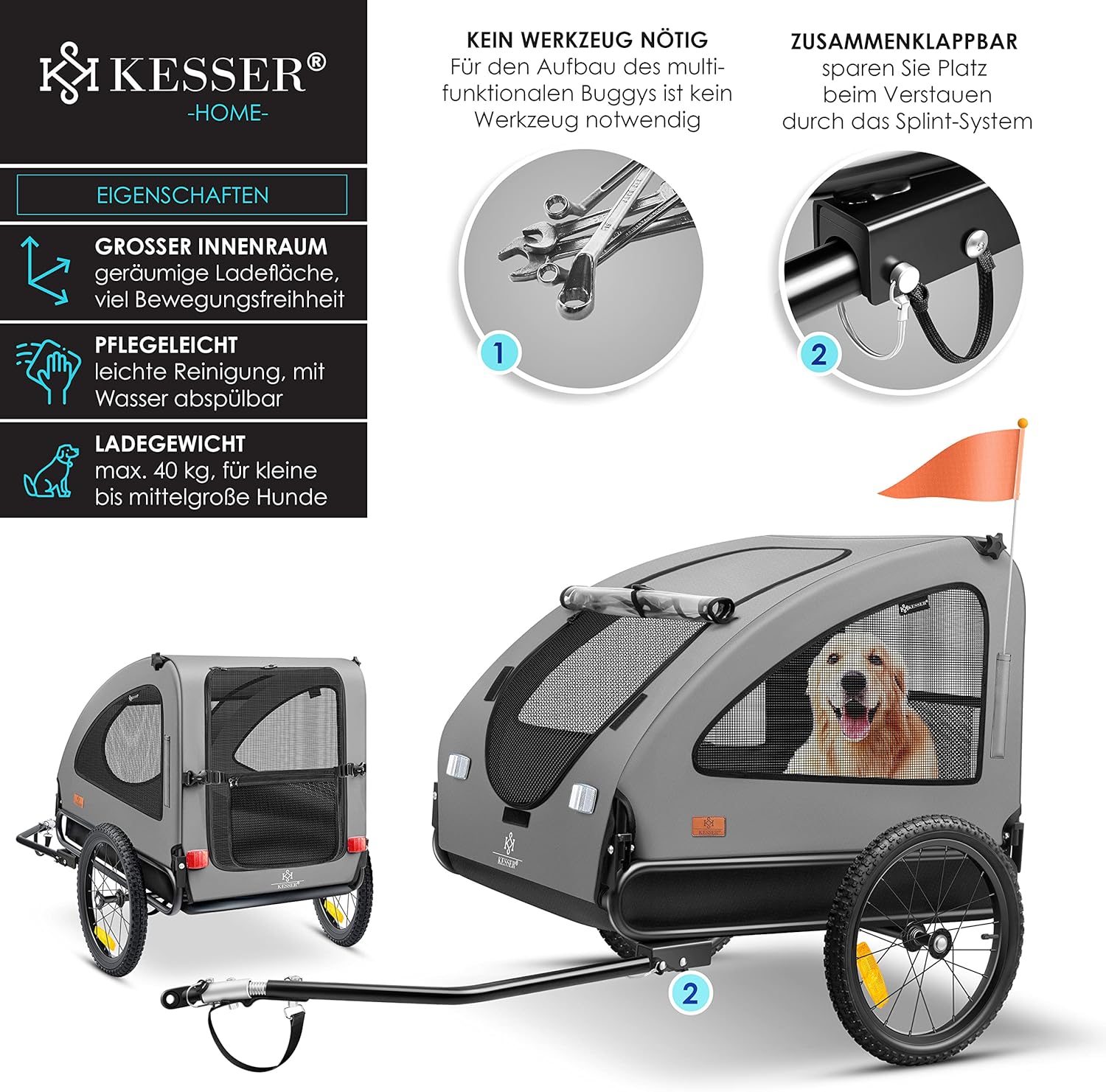 KESSER® Hundeanhänger Boxer 2-in-1 Hundebuggy Fahrradanhänger groß ca. 250L Volumen - Inkl. Fahne und Tasche - 600D Oxford Canvas, Klappbar SmartSpace Concept, max. 45kg