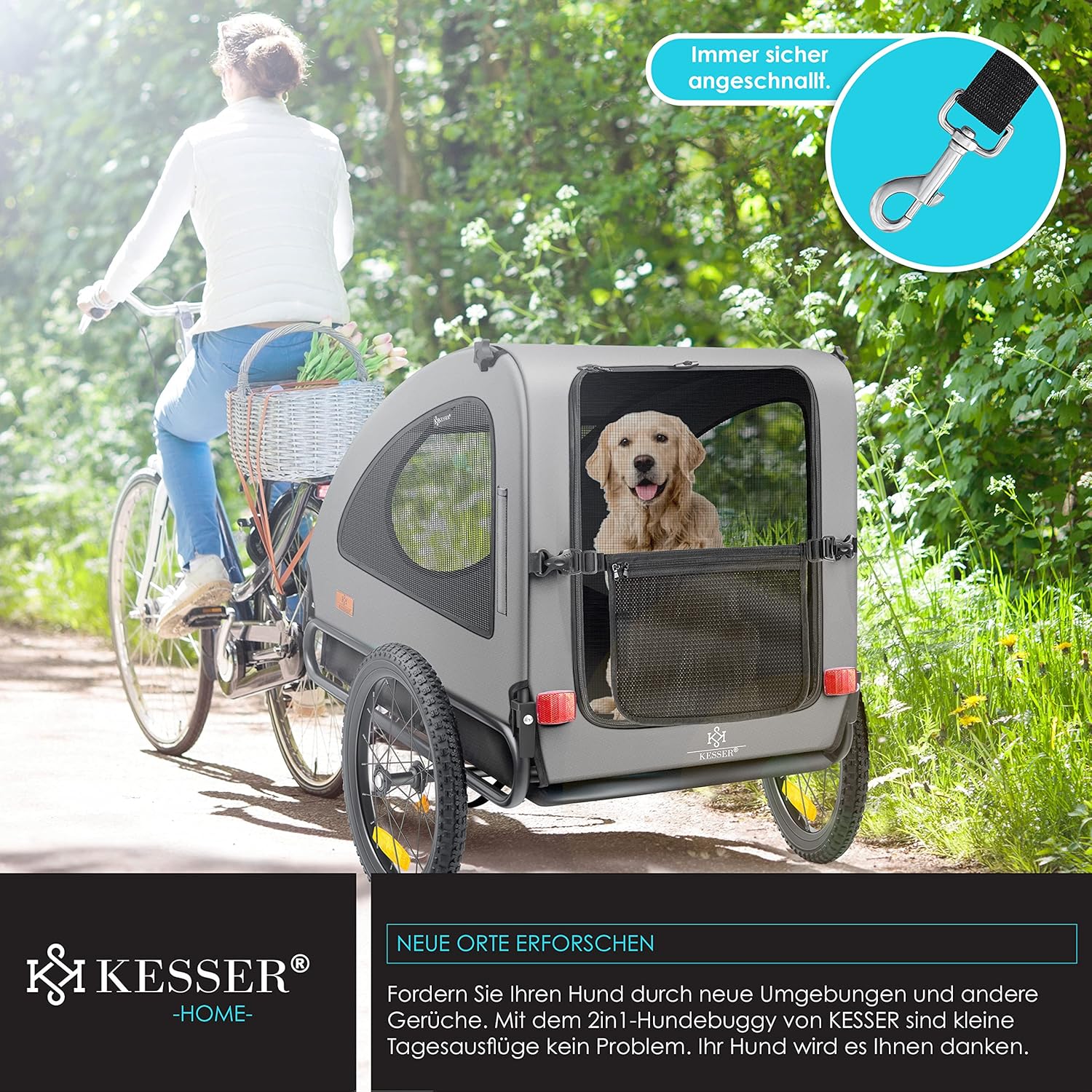 KESSER® Hundeanhänger Boxer 2-in-1 Hundebuggy Fahrradanhänger groß ca. 250L Volumen - Inkl. Fahne und Tasche - 600D Oxford Canvas, Klappbar SmartSpace Concept, max. 45kg