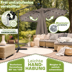 tillvex Aluminium zweefparasol + afdekking, led zonne-energie, Ø 300 cm, met zwengel, afdekking + standaard, parasol met windscherm, tuinparasol, uv-bescherming aluminium, zwengelparasol, marktparasol •