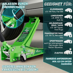 TRESKO Hydraulische krik 3T hefhoogte 75-510 mm | Hydraulische garagekrik voor auto, plat met dubbele zuiger & 360° wielen | krik auto incl. 2 x rubberen pad, beschermingsmat, handschoenen, profielmes, groen