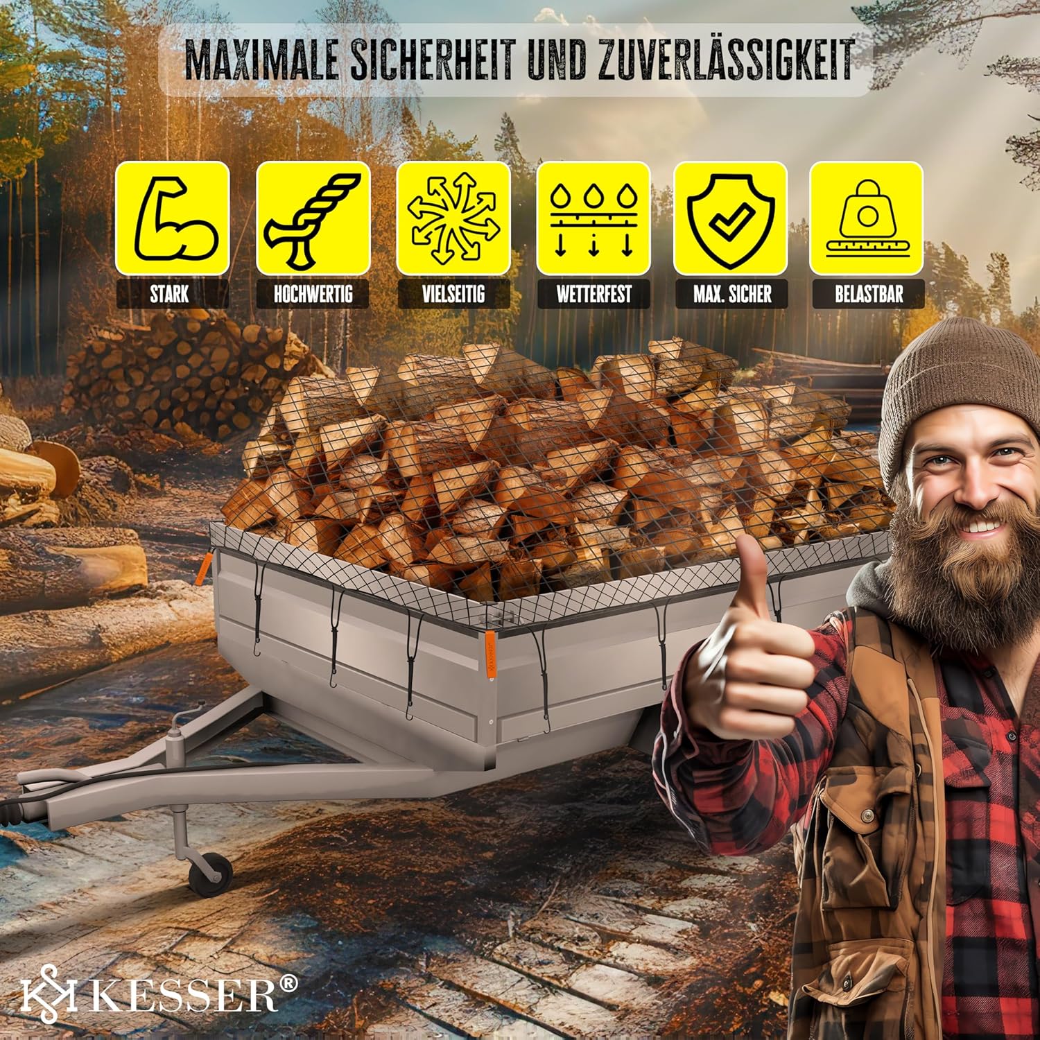 KESSER® Aanhangernet, 2 x 3 m, fijnmazig | aanhangernet met spankabel en netkoord, containernet voor het vastzetten van lading, veiligheidsnet, hoekmarkeringen, expanderhaken en bevestigingsknoppen