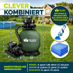 tillvex® Zandfilterinstallatie zwembad met timer, 7.900 l/u, incl. 400 g filterballen, filterinstallatie 7-weg ventiel en 2-in-1 adapter Ø 32 mm - 38 mm, zwembadfilter met drukweergave zandfilter, met timer