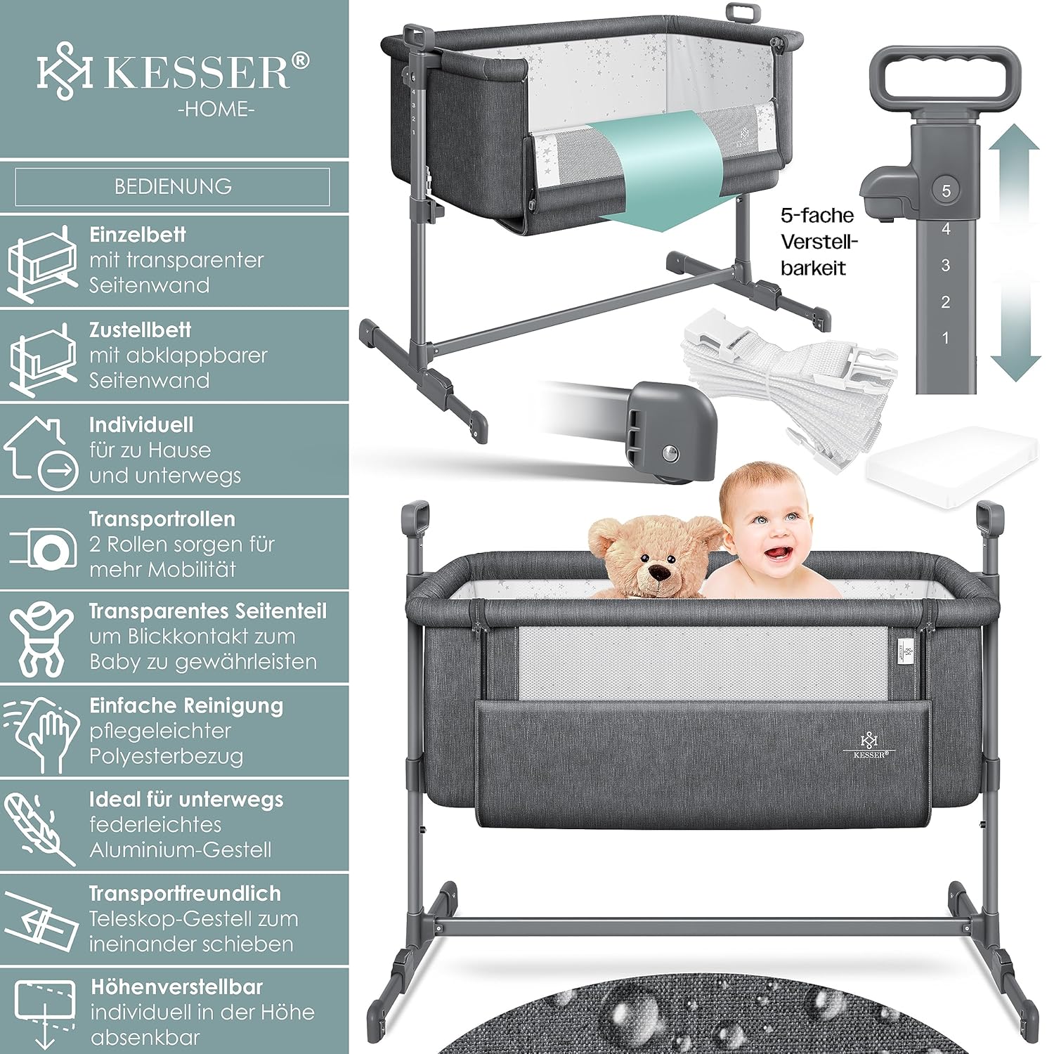 KESSER® 3in1 Ledikant - Babybed - Verstelbaar - Inklapbaar - Grijs •
