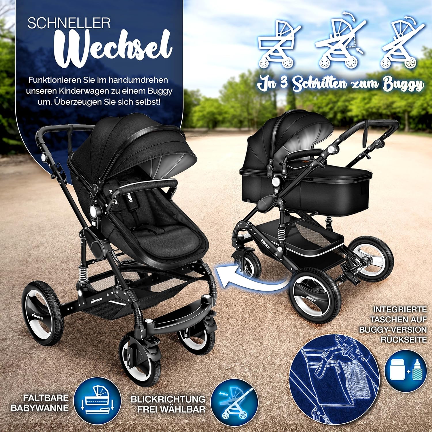 Kinderwagen 3 in 1 - Buggy - Wandelwagen - Kinderbuggy - Zwart - KIDUKU®