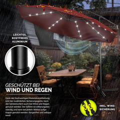 tillvex Aluminium zweefparasol + afdekking, led zonne-energie, Ø 300 cm, met zwengel, afdekking + standaard, parasol met windscherm, tuinparasol, uv-bescherming aluminium, zwengelparasol, marktparasol, rood