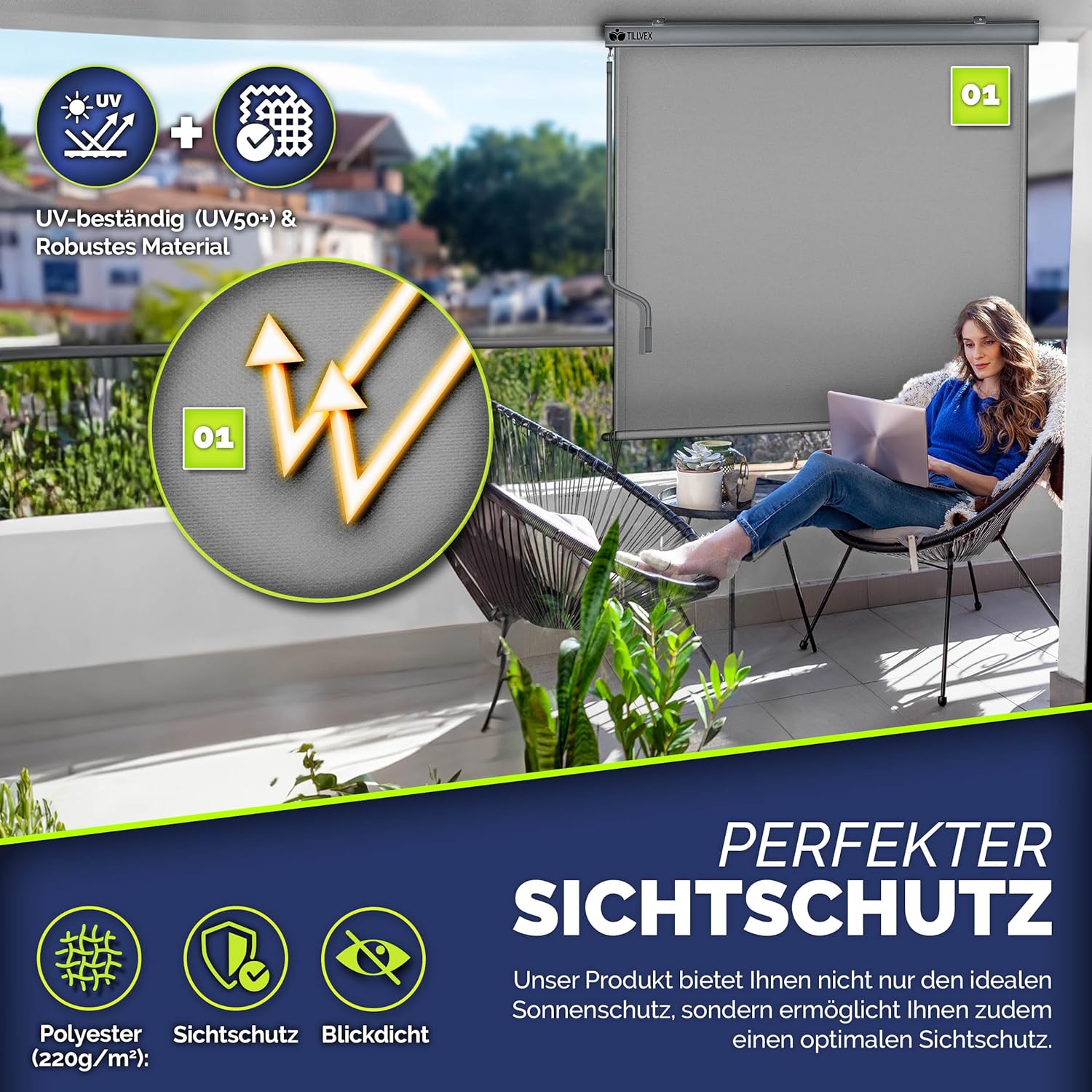tillvex® Verticale zonwering, 200 x 250 cm, voor buiten en binnen, buitenrolgordijn, waterdicht, met handslinger, voor balkon, terras en tuin, balkonrolgordijn, zonwering van aluminium, rolgordijn met