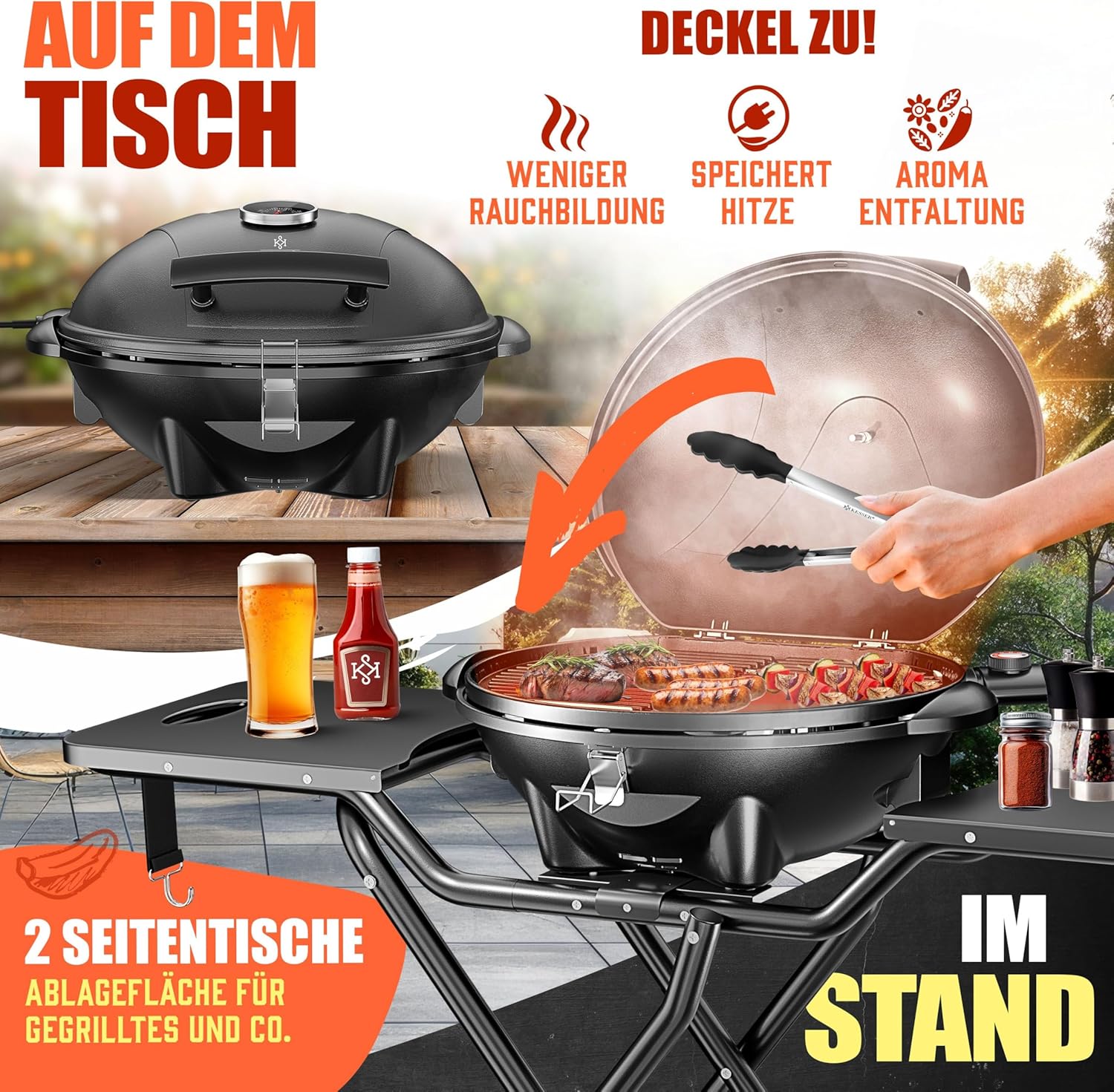 Kesser Tafelbarbecue, elektrisch, 2-in-1, met deksel en voet, max. 2400 watt, inklapbaar, thermometer, antiaanbaklaag, grillplaat en tafelblad, 2 wielen, zwart, zwart
