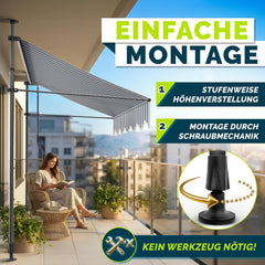 tillvex Klemluifel met handslinger, voor balkon, balkonluifel zonder boren, luifel uv-bestendig en in hoogte verstelbaar, zonwering, terras en tuin, waterdicht (blauw-grijs, 350 cm)