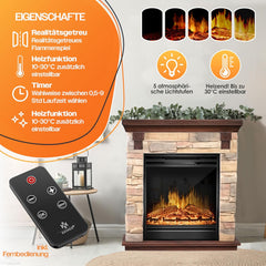 KESSER® Elektrische open haard met 3D-vlameffect, met verwarmingsfunctie, elektrische open haard met 1800 W vermogen, timer, thermostaat, afstandsbediening, dimbaar, natuur/bruin
