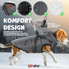 LOVPET Hondenjas, hondenjas met harnas, incl. 45 stuks poepzakken + dispenser, gevoerd wintervest, waterdicht, gevoerd vest met borstriem, reflectoren, D-ring 3XL, antraciet