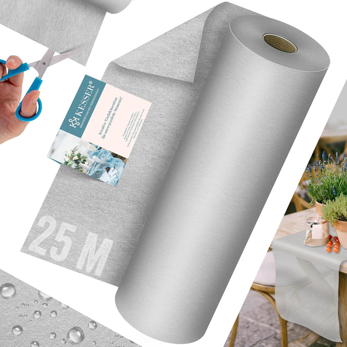 KESSER® Vlies tafelloper - 30cm x 25m - Afwasbaar - Waterafstotend - Grijs