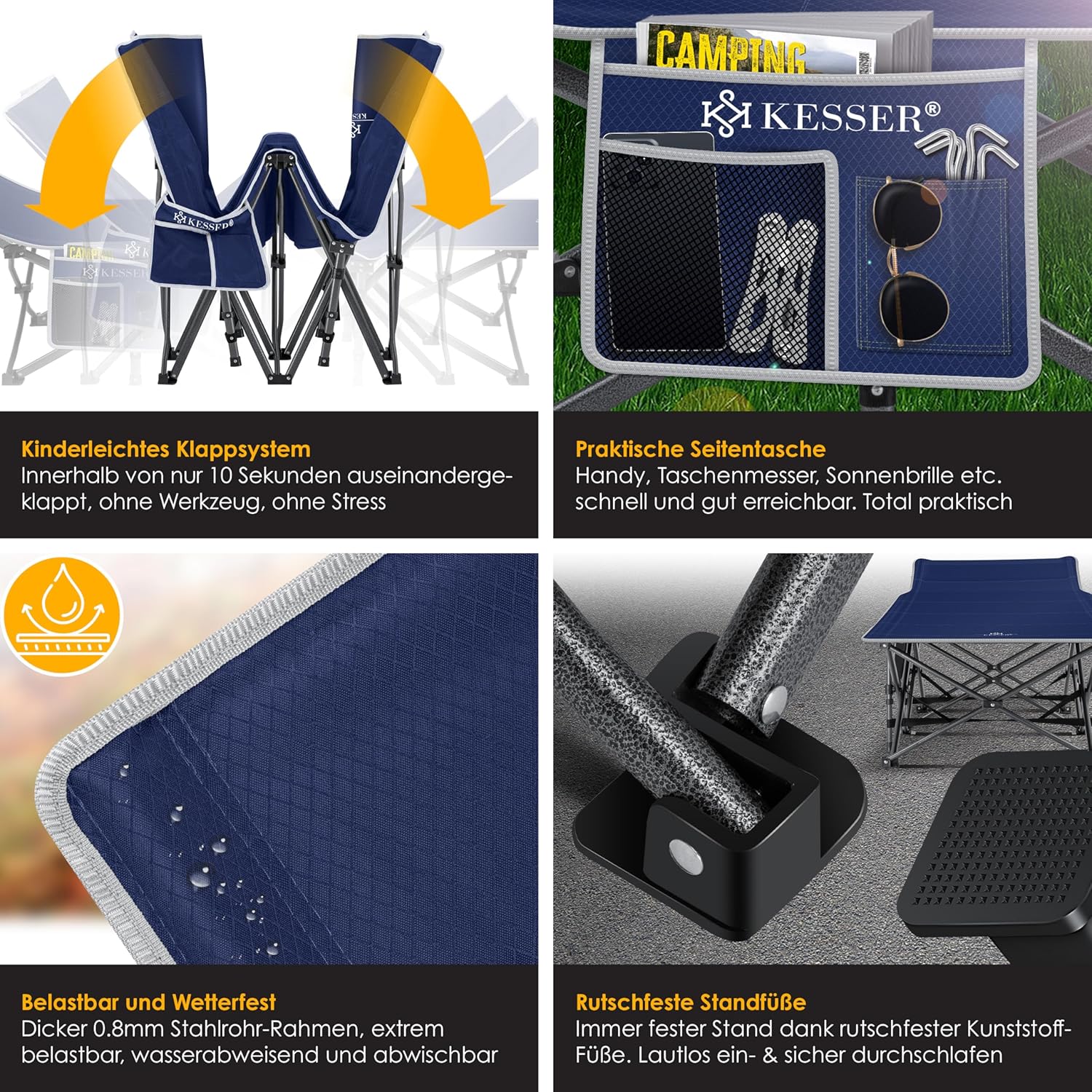 KESSER® Campingbed, veldbed, inklapbaar, incl. draagtas, campinglicht + zijzak, stabiel veldbed, 250 kg belastbaar, metalen buis, 600D Oxford-weefsel, draagbaar ligbed