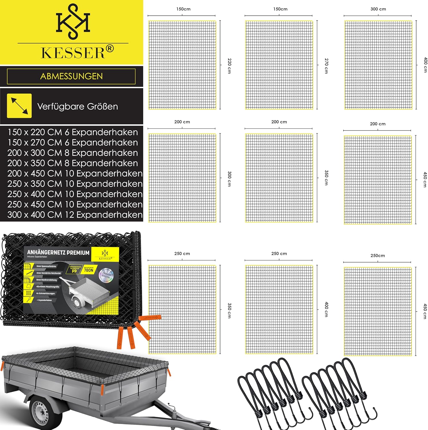 KESSER® Aanhangernet, 2 x 3 m, fijnmazig | aanhangernet met spankabel en netkoord, containernet voor het vastzetten van lading, veiligheidsnet, hoekmarkeringen, expanderhaken en bevestigingsknoppen