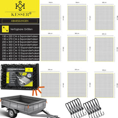 KESSER® Aanhangernet, 2 x 3 m, fijnmazig | aanhangernet met spankabel en netkoord, containernet voor het vastzetten van lading, veiligheidsnet, hoekmarkeringen, expanderhaken en bevestigingsknoppen