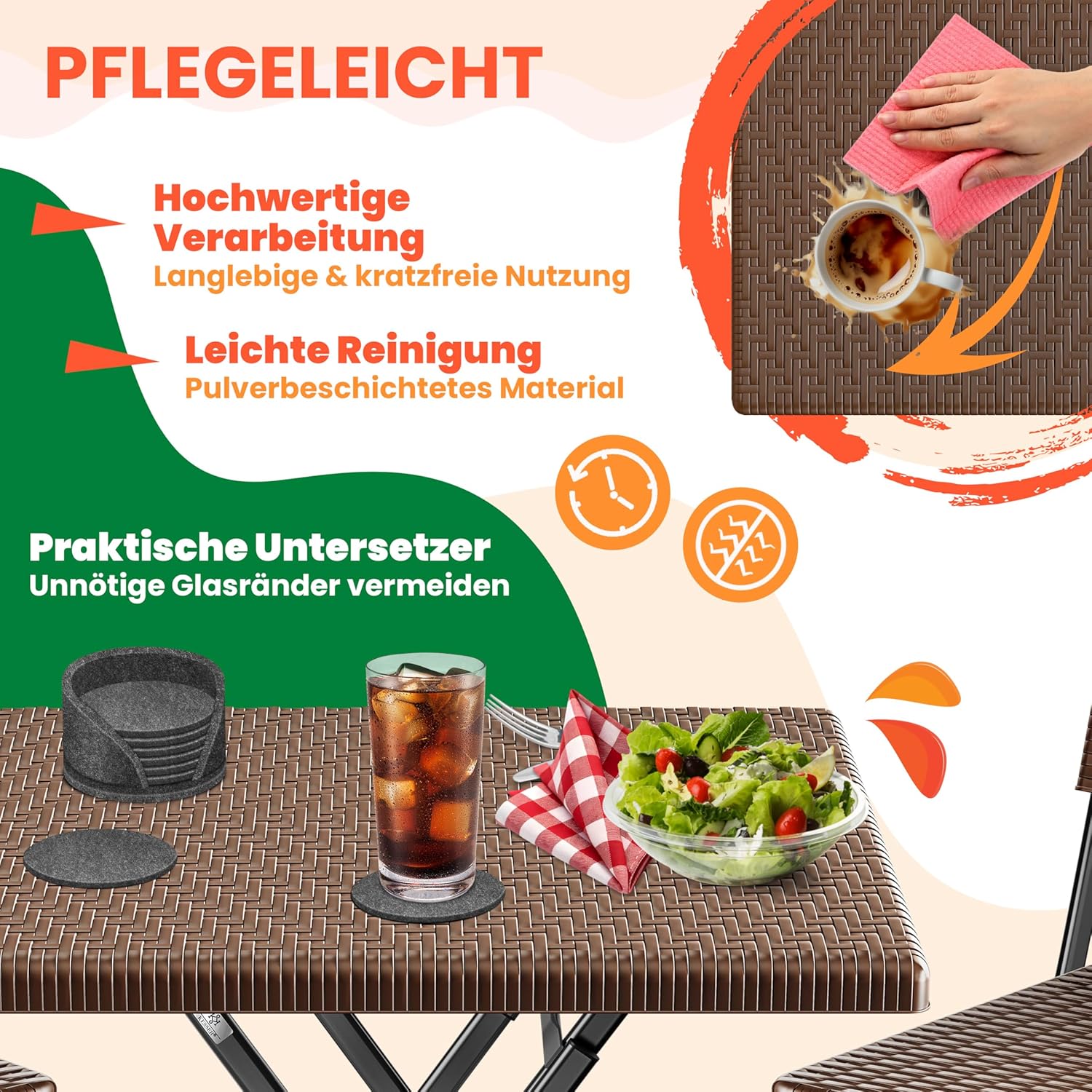 KESSER® Balkontafel, inklapbaar, weerbestendig/UV-bestendig, gecoat staal en rotan-look, outdoor tuintafel, tuinmeubelen met 6 vilten onderzetters, bistrotafel, tot 100 kg belastbaar