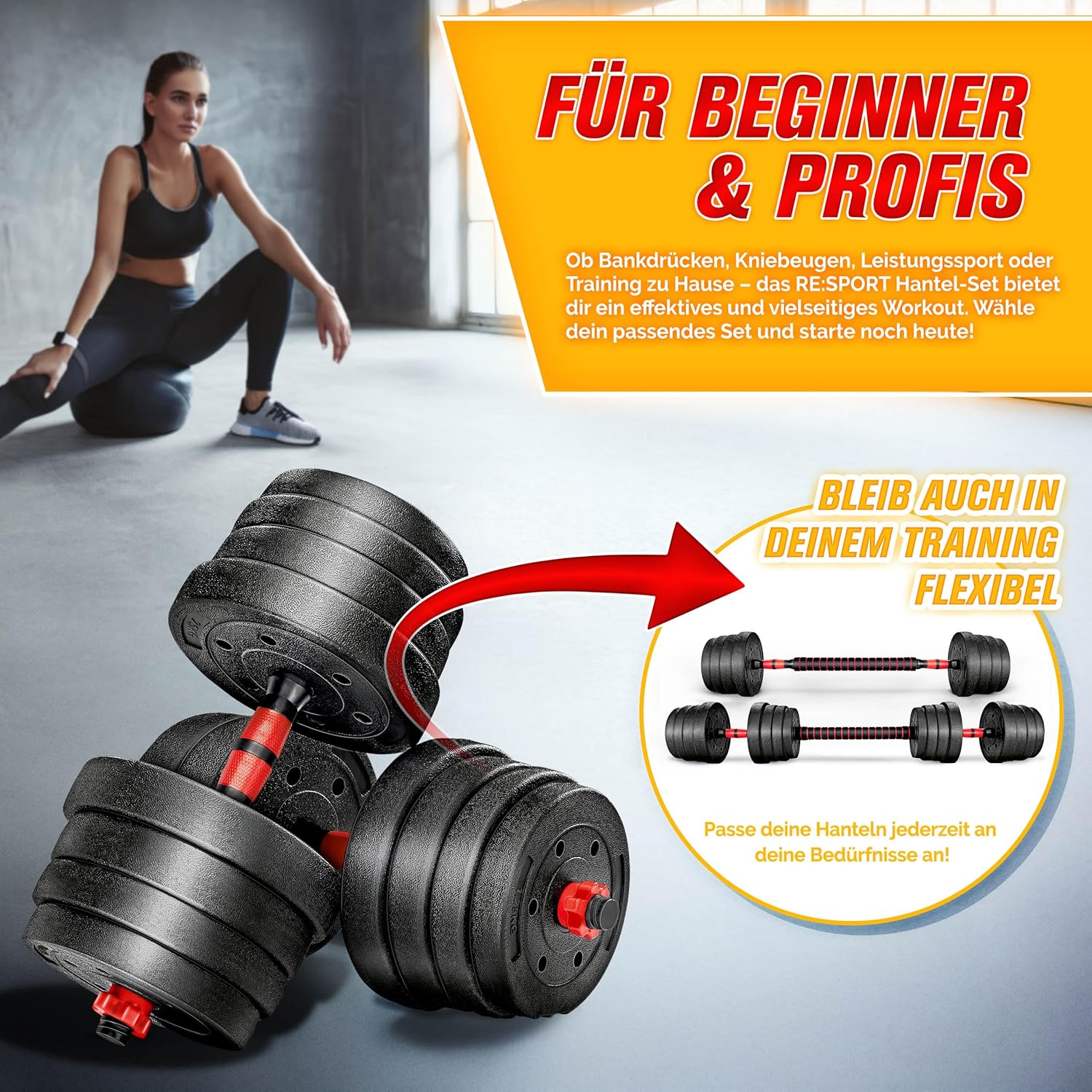 RE:SPORT 2-in-1 halterset, 30 kg, halterset verstelbaar, korte halter en lange halter, stersluitingen en verbindingsbuis