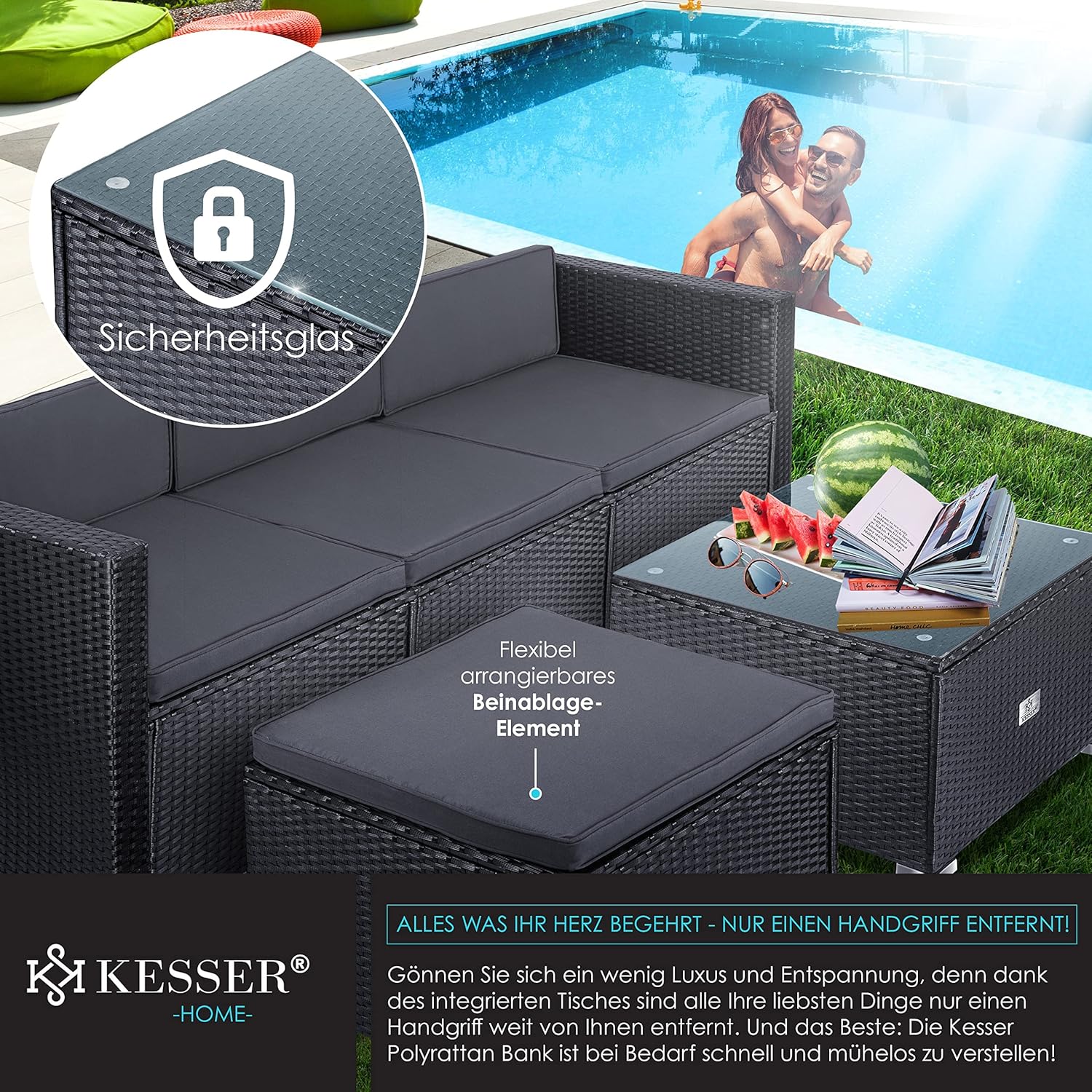 KESSER® Loungeset Polyrotan - 3-zitplaatsen - 3-4 personen - Antraciet
