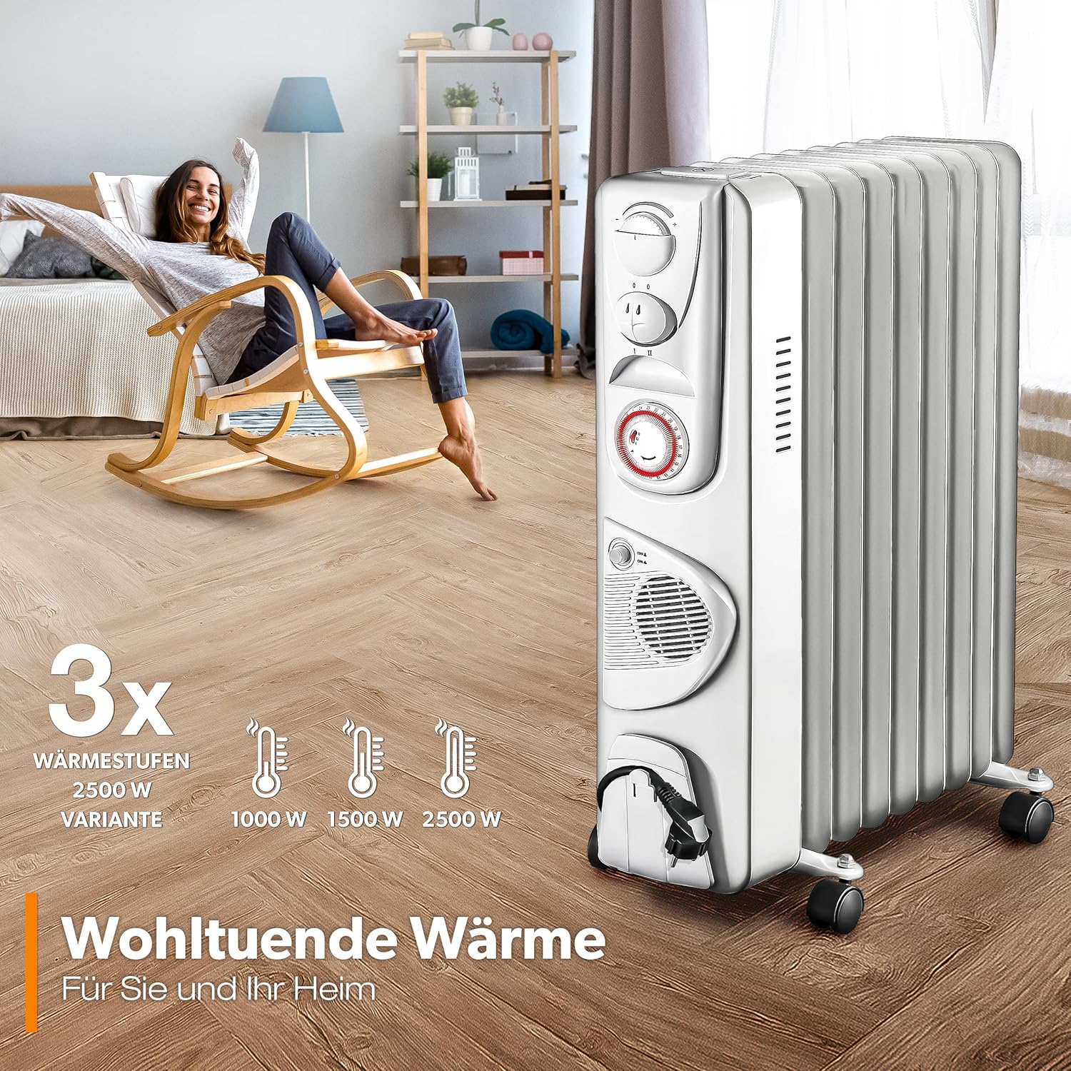 Olieradiator - 2500W Heater - Elektrische kachel - met Thermostaat - Wit - TRESKO®