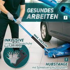 TRESKO Hydraulische krik 3T hefhoogte 75-510 mm | Hydraulische garagekrik voor auto, plat met dubbele zuiger & 360° wielen | krik auto incl. 2 x rubberen pad, beschermingsmat, handschoenen, profielmes, blauw